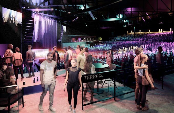 Rendering depicts one of the club spaces in The Farmer Music Center, currently under construction and scheduled to open fall 2027. Courtesy GBBN