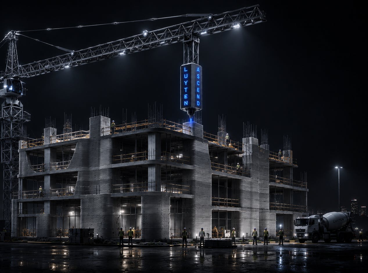 The Ascend tower crane 3D construction printer is manufactured by Melbourne, Australia-based Luyten. Rendering courtesy Luyten