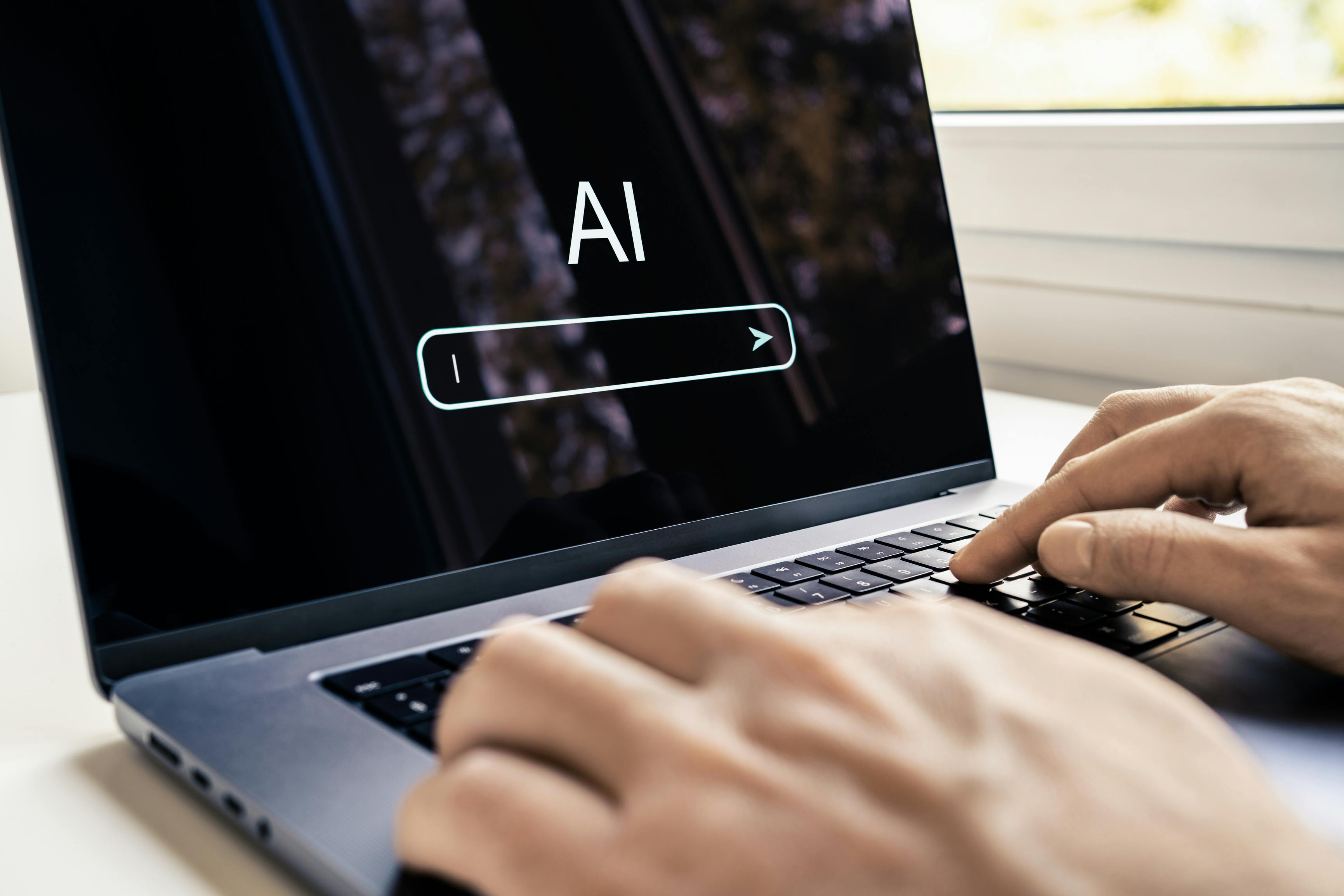 Generate content with AI prompt. Text or image generator in laptop. Artificial intelligence search engine. Website SEO technology tool. Man using computer in digital data business