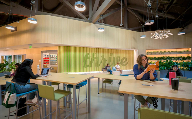 The Valera NEST (a Nurturing Environment for Students to Thrive) at California State University-Northridge centralizes access to food, housing, clothing, and wellness services. Photo courtesy CannonDesign