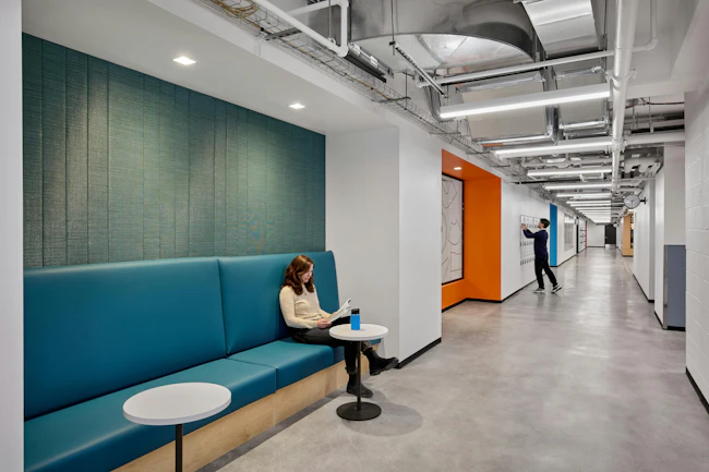 In Brooklyn, N.Y., the Brooklyn STEAM Center features flexibile open spaces, biophilic design elements, and cozy nooks. Photo &copy; Garrett Rowland