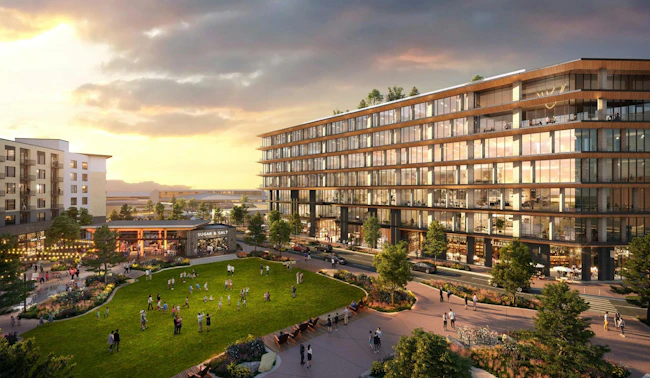 At MG2's Flatiron Crossing project in Brookfield, Colo., shops and stores, restaurants and cafes, multifamily residential, and entertainment venues surround a central park. Rendering courtesy MG2