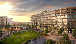 At MG2's Flatiron Crossing project in Brookfield, Colo., shops and stores, restaurants and cafes, multifamily residential, and entertainment venues surround a central park. Rendering courtesy MG2