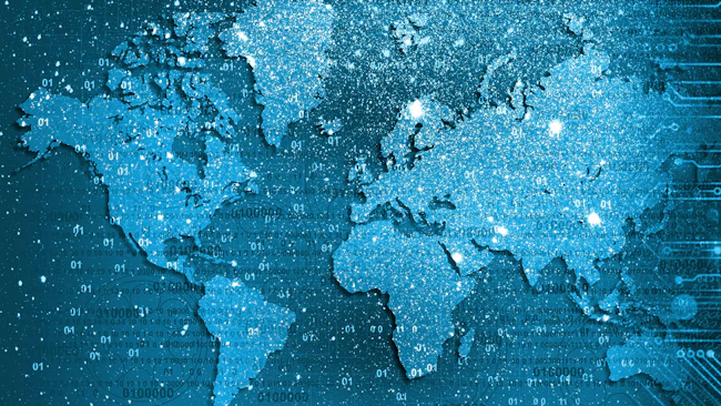 High speed. world map abstract technology background concept. Speed movement pattern and motion blur over dark blue background. Hi-tech. Abstract technology background concept. global digital technology concept. digital data orbits. world network technology. technology communication. Binary data bit stream speeding around the digital earth globe.