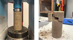 Compression testing evaluates how earth-based mixes perform under structural load. Material failure reveals critical thresholds for strength, cohesion, and mix design. Photos courtesy RDG Planning & Design