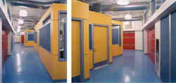 The hallway leading to the art room, left, includes frames to display students’ work. The interior offices, right, are laid out graphically as pops of yellow within a blue and red frame. Photo © Seth Boyd