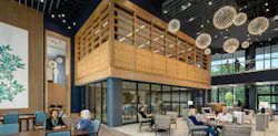 Inside the Connector, gathering rooms and wellness spaces flex between events, meals, and fitness. This adaptability supports inclusivity while keeping the community affordable. Photo © Andrew Rugge