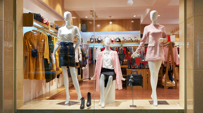 Fashion shop window clothing store front. View of womens fashion clothing store front, Woman mannequin in fashion clothing retail shop window.