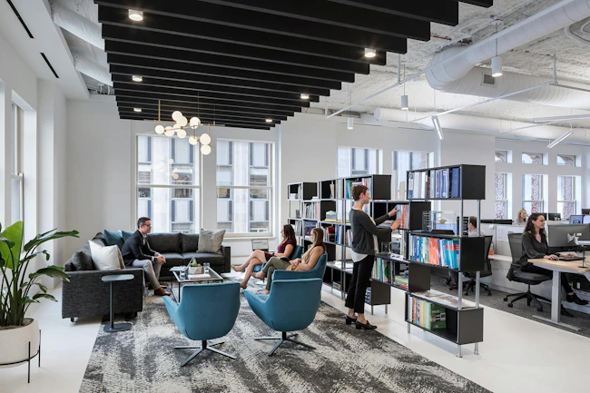 The Hearth in Perkins Eastman's Chicago studio encourages professional and social interaction. Photo &copy; Andrew Rugge, courtesy Perkins Eastman