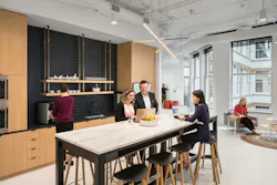 Our Chicago studio features many communal areas that together create a cultural infrastructure for the team. Beyond its open-plan setting, two private offices are available for virtual meetings, while every other enclosed space is reservable by anyone. Photo © Andrew Rugge, courtesy Perkins Eastman