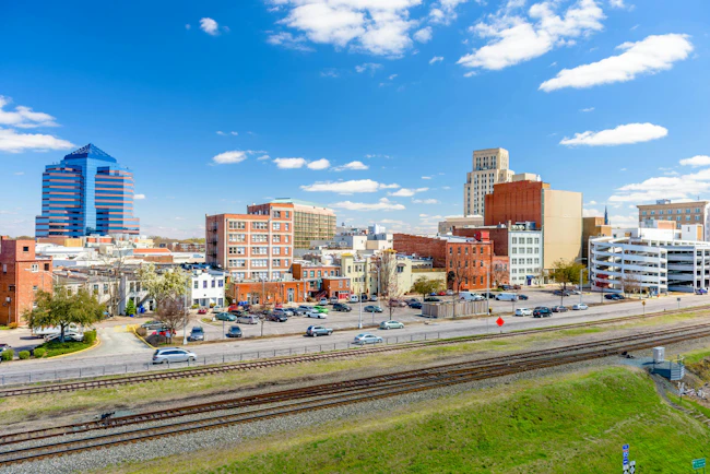 Durham, North Carolina, USA downtown cityscape. Durham, North Carolina, USA downtown city skyline in the afternoon.