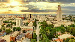 Aerial panorama of Lincoln, Nebraska at sunset. Aerial panorama of Lincoln, Nebraska under a dramatic sunset. Lincoln is the capital city of the U. S. state of Nebraska and the county seat of Lancaster County