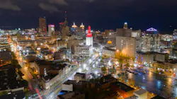 Before Sunrise Night Time Buffalo New York Downtown City Skyline. The buildings are illuminated before sunrise in the urban core of Buffalo New York