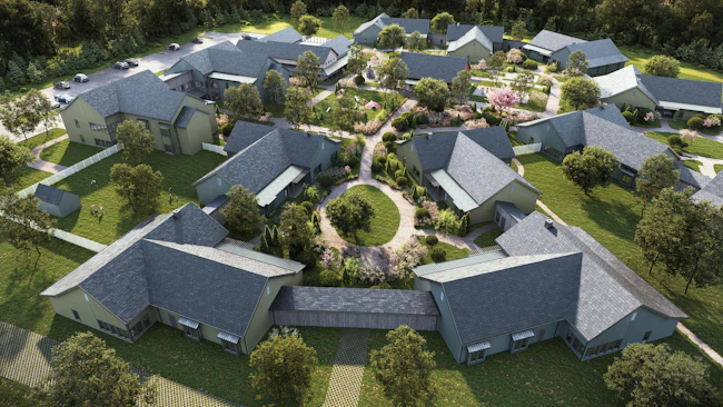 The design of Avandell&rsquo;s neighborhoods disguises its secure environment with landscaping and walking trails, decorative fencing, and interior passageways between buildings. Photo courtesy Perkins Eastman