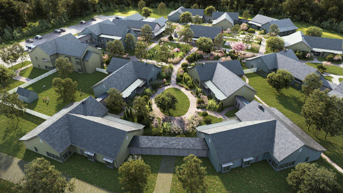 The design of Avandell&rsquo;s neighborhoods disguises its secure environment with landscaping and walking trails, decorative fencing, and interior passageways between buildings. Photo courtesy Perkins Eastman