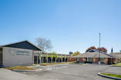 The new entry pavilion at Josephine Memory Care features a breezeway leading to the main building. Photo © Cleary O’Farrell Photography