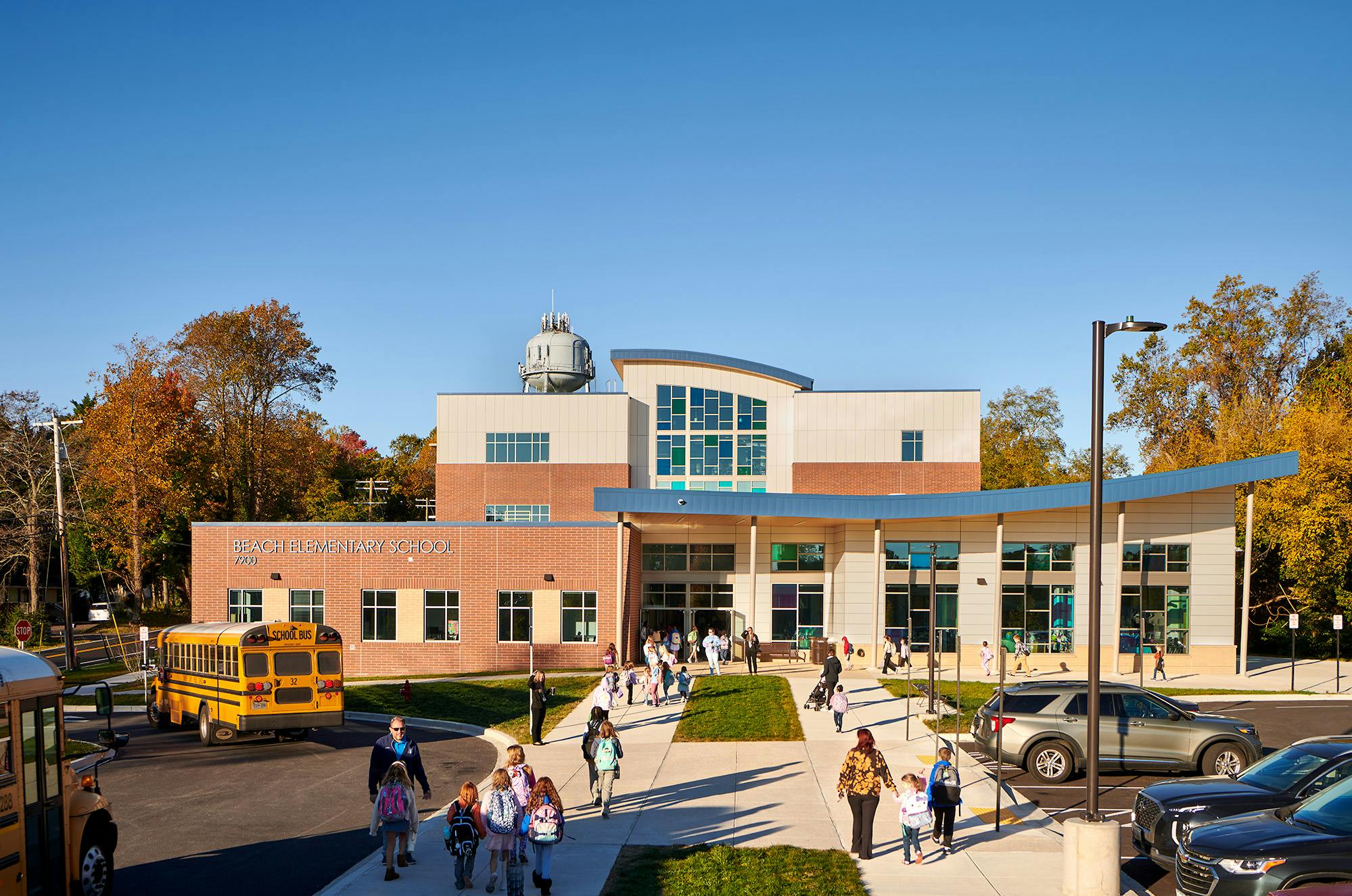 SEI was the architect for Beach Elementary, a new LEED Silver-certified replacement school for Calvert County Public Schools. Balancing sustainability, functionality, and civic pride, the school's design features a central educational tower with sweeping views of the Chesapeake Bay. Photo &copy; Judy Davis, StudioHDP