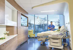 Warm, residential-style finishes, abundant daylight with glare control, views to nature, and space to personalize with belongings help ease the stress of a hospital stay and give patients and families a greater sense of comfort and control. Image courtesy CannonDesign