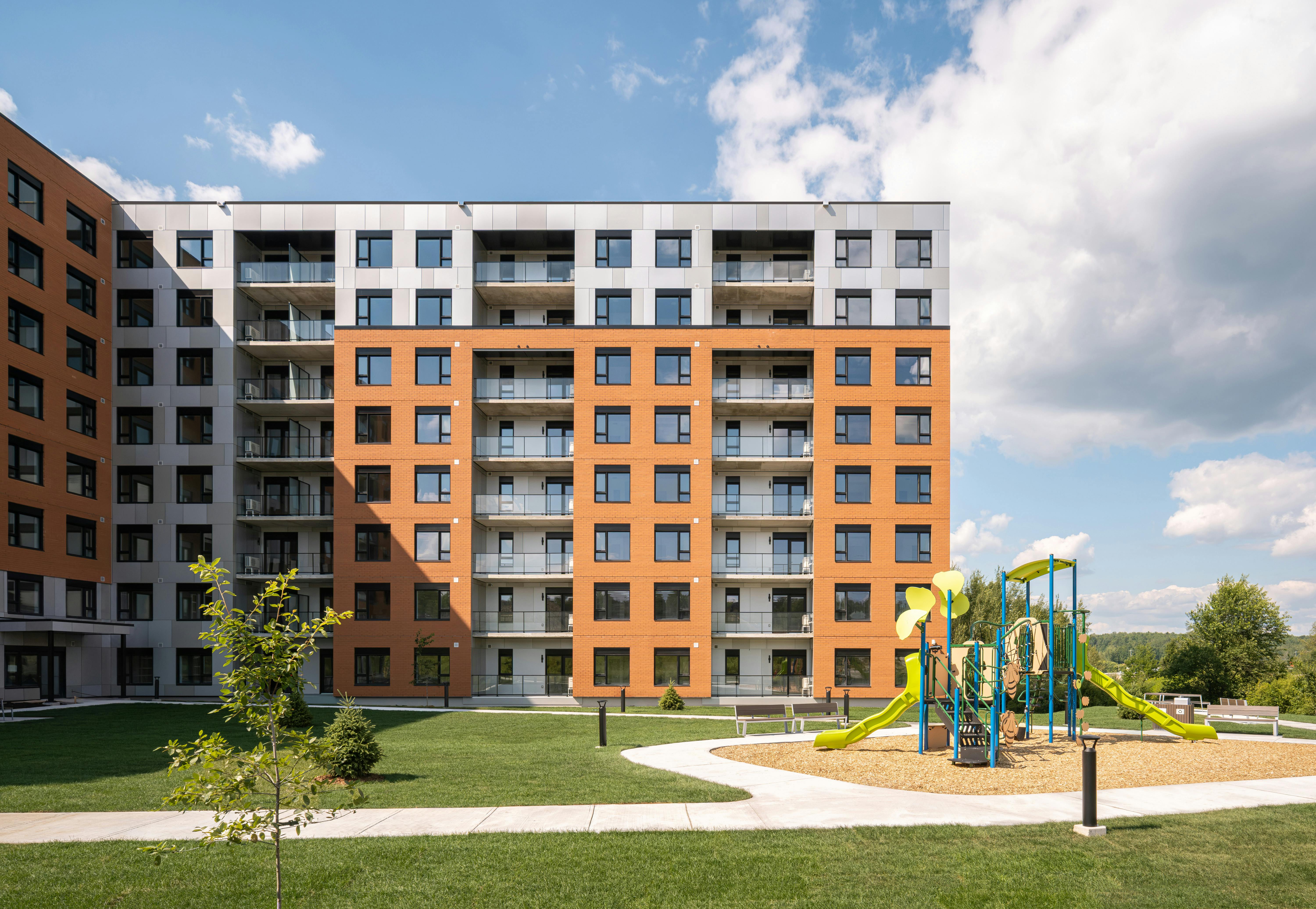 Habitation L&eacute;on-Deschamps in Sherbrooke, Quebec, Canada, developed by Le Parall&egrave;le de l'Habitation Sociale, won the competition's international recognition category. Photo courtesy Phius