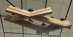 Construction mock-up of wood fin ceiling modules and suport sturcture. Photo courtesy CO Architects