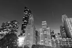 Skyscraper cityscape. Night city of Chicago. Business city. Night cityscape of Chicago skyscraper building. Chicago architecture of skyscraper. City night illuminated building. Twilight cityscape.
