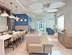 In the Clearwater Gardens clubroom, architecture and interiors teams developed a unified design vision that aligned the building’s interior aesthetic with its exterior character. Photo © FK Architecture