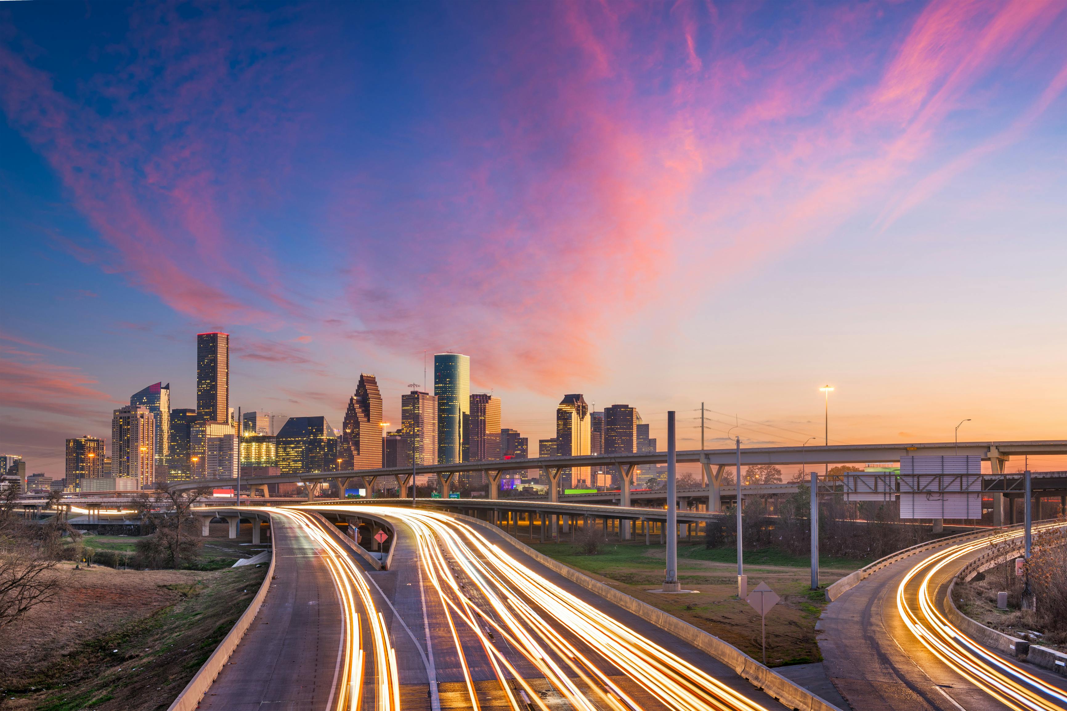 Houston, Texas, USA Skyline. Houston, Texas, USA downtown skyline over the highways at dusk.