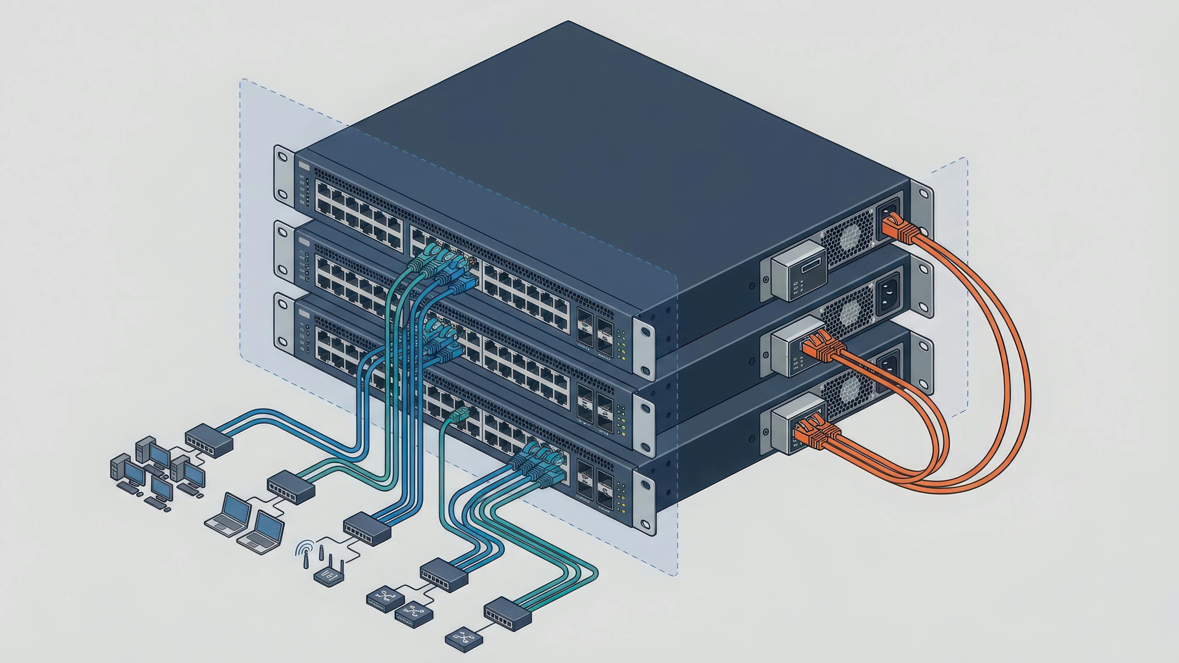 Isometric Illustration of Network Server Switches Connected to Various Desktop Computer Workstations. This clean isometric vector illustration depicts three stacked enterprise-grade network switches. Blue ethernet cables connect the front ports to various small desktop computer icons and networking hardware on the floor, while orange cables loop from the back, representing power or uplink connectivity, set against a simple light gray background