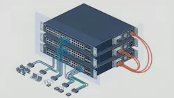 Isometric Illustration of Network Server Switches Connected to Various Desktop Computer Workstations. This clean isometric vector illustration depicts three stacked enterprise-grade network switches. Blue ethernet cables connect the front ports to various small desktop computer icons and networking hardware on the floor, while orange cables loop from the back, representing power or uplink connectivity, set against a simple light gray background